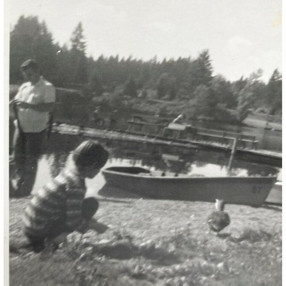 Found Photo Boy Feeding Ducks at the Lake Dad Row Boat Vintage 1940s - Picture 1 of 5